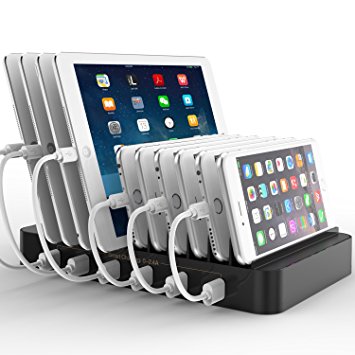 FlePow 10-Port USB Charging Station Dock with Built-in Charge Cables(Patented Retractable Design) Organizer for Smart Phones & Tablets, Black