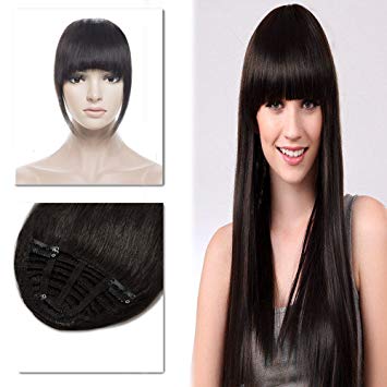 Clip in Bangs Human Hair with Temple Flat Fringe One-Piece Short Straight Clip on Extensions Hair Piece Accessories for Women #1B Off Black