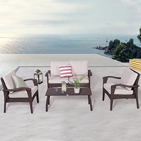 Diensday Patio Outdoor Furniture|Sectional Chair Sofa Conversation Sets Clearance Deep Seating Cushions Bistro Set, Olefin Cushion, w/Water Resistant PE Wicker, Glass Coffee Table(4 piece,Beige)