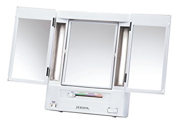 Jerdon JGL9W Tabletop Tri-Fold Two-Sided Lighted Makeup Mirror with 5x Magnification and 4-Light Settings, White Finish