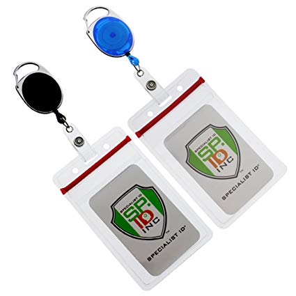 2 Pack - Premium Retractable ID Reels with Carabiner Belt Loop Clip and Heavy Duty Badge Holder Sleeve | Vertical Clear Plastic w Resealable Red Zip by Specialist ID (2 Pack, Assorted Colors)