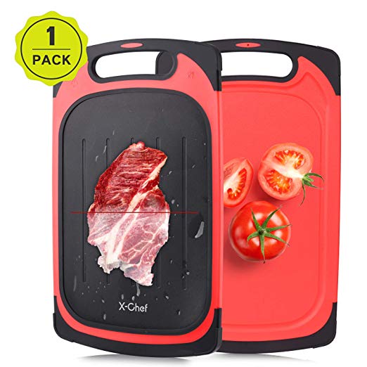X-Chef Defrosting Tray, 2 in 1 Defrosting Cutting Board Thawing Plate for Kitchen Chopping Thawing Meat Chicken Fish Steak, 2 Side Use, 15.9x9.5inch, Red