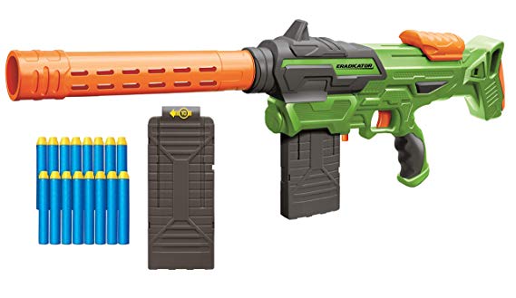 Buzz Bee Air Warriors Eradicator - Nerf Compatible Blaster with a lot of Accessories: Comes with 2 Magazines, Barrel, Shoulder Stock and 20 Darts, Multi Color