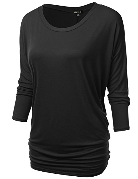 Mirity Womens 3/4 Sleeve Boat Neck Cute Solid Shirring Dolman Drape Tops