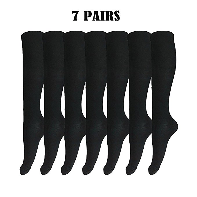 Mens/Womens Knee-High Graduated Compression Socks (7 Pack) - 15-20 mm Hg - Breathable - Prevent Fatigue/Swelling