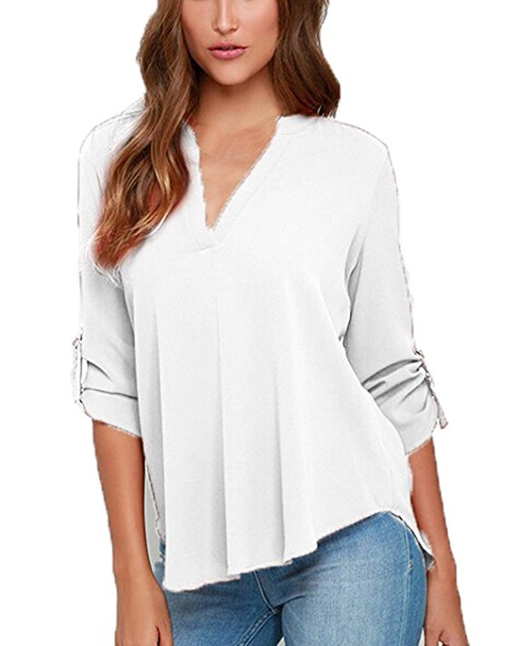 ZANZEA Women's Plus Size Chiffon Solid V Neck Cuffed Sleeve T Shirt Blouse Tops