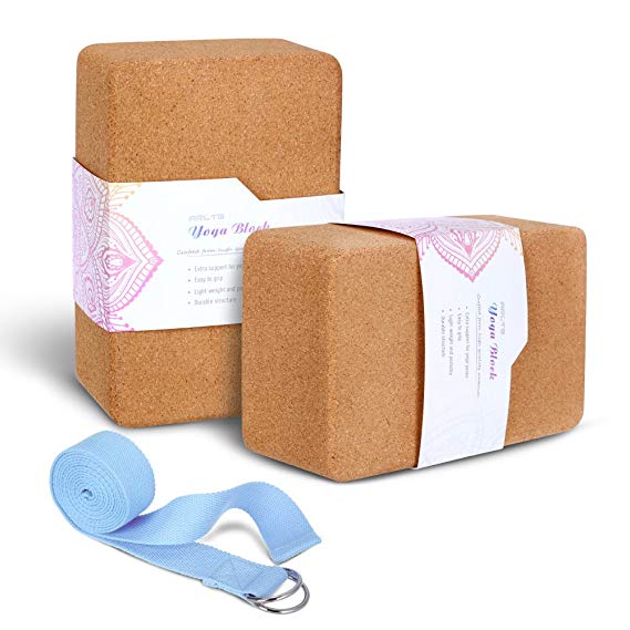 Arltb Cork Yoga Block 2 Pack and Yoga Strap Set with Metal D-Ring 4"x6"x9" Cork Yoga Bricks and 8' Yoga Strap Natural and Sustainable Material for Any Type of Yoga Styles