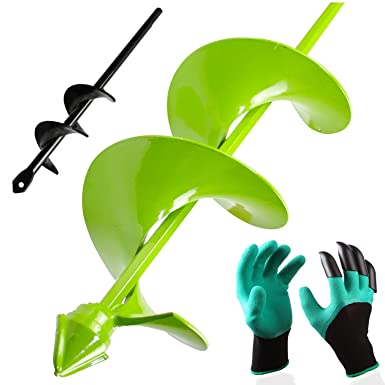BLIKA 2 Pcs Auger Drill Bit Set, Garden Plant Flower Bulb Auger 4" x 16" and 1.6" x 9" Rapid Planter with Garden Genie Gloves, Earth Auger Bit, Non-Slip Hex Drive fits Any 3/8-inch Drill