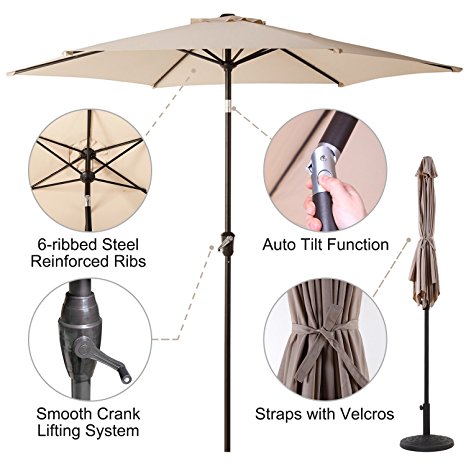 Grand patio 9 Feet Patio Umbrella, Outdoor Market Umbrella with Push Button Tilt and Crank, 6 Ribs, Beige