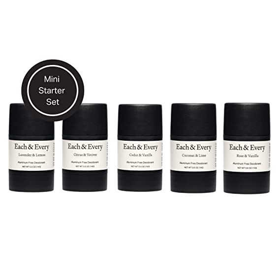 Each & Every 5 Minis Deodorant Starter Set | Aluminum-Free and EWG Verified | Sensitive-Skin Friendly, Free of Baking Soda and Alcohol, Plant-Based Packaging | (0.5 oz, Pack of 5)