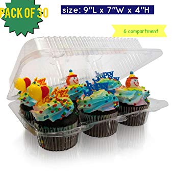 6 compartment Clear Cupcake Muffin Containers with Hinged Lid, Strong and Sturdy, BPA Free, crystal Clear Plastic, Cupcake and Muffin Containers ( pack of 30, 6-Compartment)