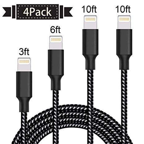 Lightning Cable,AOFU iPhone Cable 4Pack 3FT 6FT 2x10FT to USB Syncing and iPhone Charger Data Nylon Braided Cord Charger for iPhone X/8 Plus/8/7/7 Plus/6/6 Plus/6s/6s Plus/5/5s/5c/SE-Black&White