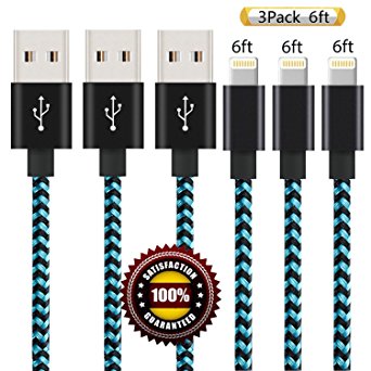 BULESK iPhone Cable 3Pack 6FT Nylon Braided Certified Lightning to USB iPhone Charger Cord for iPhone 7 Plus 6S 6 SE 5S 5C 5, iPad 2 3 4 Mini Air Pro, iPod Nano 7- (BlackGreen)