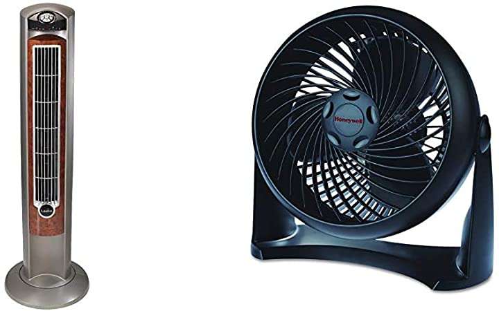 Lasko Portable Electric 42" Oscillating Tower Fan with Nighttime Setting, Timer and Remote Control for Indoor, Silverwood T42954 & Honeywell HT-900 TurboForce Air Circulator Fan Black