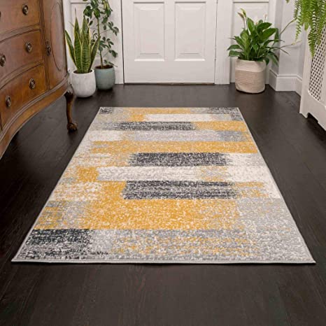 Milan Mottled Faded Distressed Ikat Stripe Design Ochre Yellow Mustard Grey Beige Cream Rug