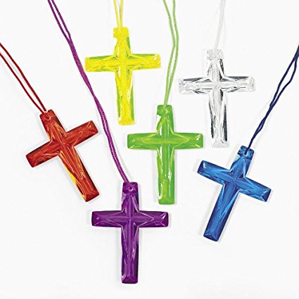 Lot of 48 Plastic Bright Color Crystal Cross Necklaces Religious Party Favors