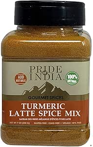 Pride of India – Turmeric Latte Spice Mix – Gourmet & Warm Tea Spice Blend – Healthy/Gluten-Free – Ideal for Lattes/Smoothies/Golden Milk – Easy to Store – 7 oz. Medium Dual Sifter Bottle