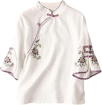 Linen Shirts for Women Summer 3/4 Sleeve Chinese Frog Blouses Traditional Mandarin Embroidered Collared Jacquard Tops