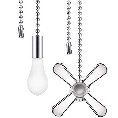 Tatuo 2 Pieces Metal Fan and Light Bulb Shaped Pull Chain Set with Connector, 1 Meter Length, Silver