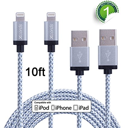 Xcords Lightning Cable, 2Pack 10FT Extra Long Nylon Braided Charger to USB iPhone Charging Cord Compatible with iPhone 7/7 Plus/6S/6 Plus, SE/5S/5,iPad,iPod Nano 7 (White,10FT)