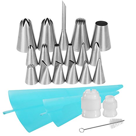 YIHONG Decorating Tip Set, FDA Approved 22-in-1 Cupcake Frosting Tools with 17 Icing Tips(4 Jumbo Tips, 12 Regular Tips, 1 Bismarck Tip), 2 Reusable Silicone Pastry Bags,2 Couplers,1 Cleaning Brush