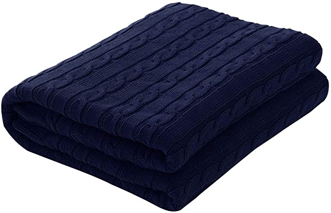 uxcell Soft 100% Cotton Knitted Throw Blanket for Sofa and Couch, Lightweight Cable Knit Blanket, Home Decorative Blanket, Navy Blue, 50" x 60"