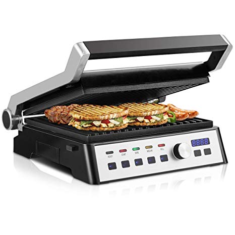 COSTWAY 1500W Smokeless Electric Grill Indoor Grill with Adjustable Temperature and Positions, Non-stick Cooking Surface, Panini Press Sandwich Maker Grill Griddle with Removable Plate & LCD Touch Display