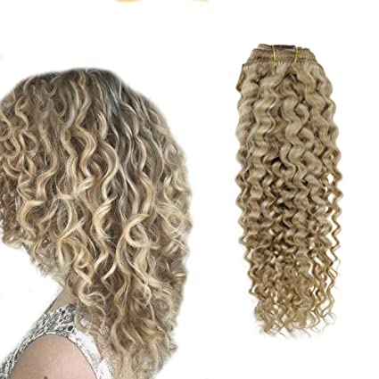 Hetto Clip in Human Hair Extensions Natural Wave #12 Light Golden Brown and #613 Bleach Blonde Double Weft Clip in Hair Extensions 7 Pieces 100g 8 Inch