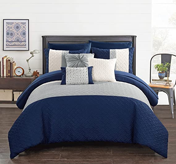 Chic Home Osnat 10 Piece Comforter Set Color Block Quilted Embroidered Design Bag Bedding – Sheets Decorative Pillows Shams Included, Queen, Navy