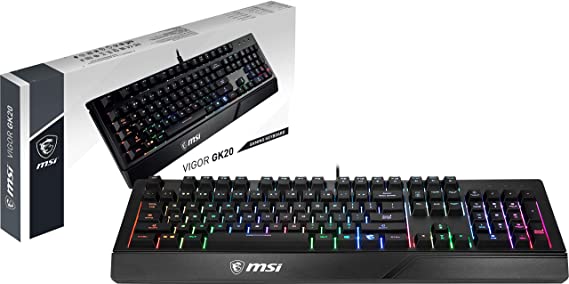 MSI VIGOR GK20 RGB Gaming Keyboard, UK Layout, Membrane Switches, Rainbow RGB Lighting Effect, Ergonomic Keycaps, Hotkeys for Media and Lighting Control, Water Repellent Keyboard Design