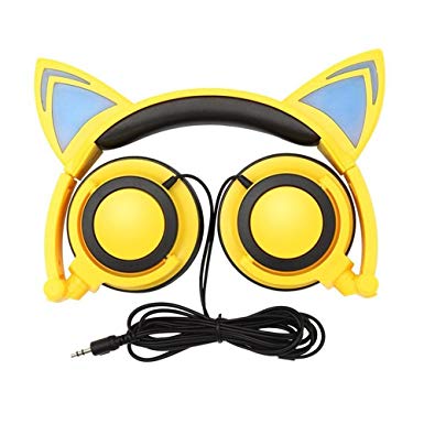 Cat Ear Headphones, GOGOING Kids Headphones with LED Flash Wired Mode, Foldable Game Headset fit Smartphones iPhone, Android Mobile Phone,Tablet PC, Computer Exc(Yellow)