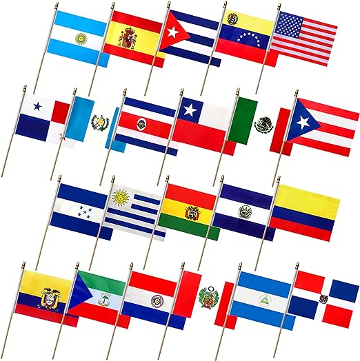 Latin America 22 Countries Flags on Stick Small Mini Spanish Language Speaking Country Hand Held Flag,5x8 Inch,22 Pack