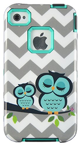 MagicSky  Apple iPhone 4/4S Case, Cheveron Owl Pattern 3-in-1 Combo Hard Case Full Body Hybrid Impact Shockproof Defender Case Cover, Cyan