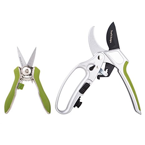 TrueFit Designs Ratchet Pruning Shears and Pruning Snips Set, Switch Ratcheting Shears to Single Cut Mode Pruner, Heavy Duty SK-5 Blade, Ergonomic Handles