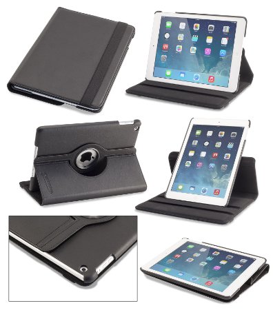 Devicewear Detour: iPad Air Case Rotating Vegan Leather Case/Stand with Dual On/Off Switches - Black (DET-IPA-BLK)