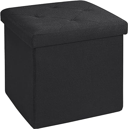 VECELO Storage Ottoman, 15'' Folding Footstools, Multipurpose Foot Rest Stool, Foldable Linen Fabric Ottomans, Small Square Ottoman Cube for Living Room/Bed Room/Dorm, Black