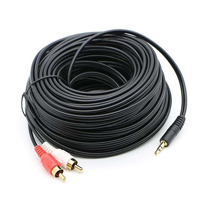 Pasow 3.5mm Stereo Male to 2RCA Male (Right and Left) RCA Audio Cable (100 Feet)