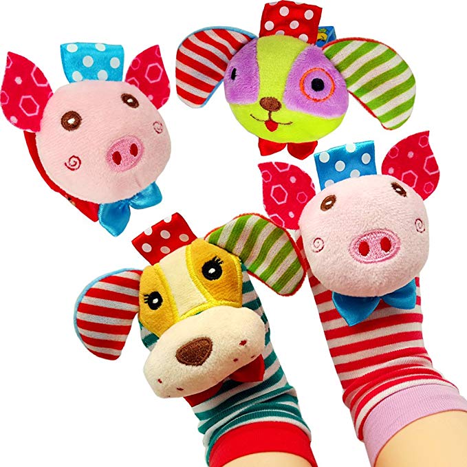 Baby Socks Toys, Infant Baby Wrist Rattles and Foot Finders Set Toys, Developmental Soft Toys, Adorable Animal Style (4 Packs)