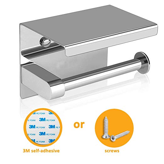 Toilet Paper Holder with Shelf, Tissue Roll Dispenser with Mobile Phone Storage Shelf, Stainless Steel, 3M Adhesive No Drilling or Wall-Mounted with Screws - Polished Chrome