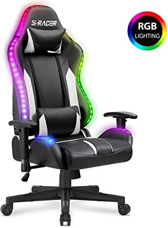 Homall Gaming Chair RGB Lighting High Back Computer Chair PU Leather Desk Chair PC Racing LED Ergonomic Adjustable Swivel Task Chair with Headrest and Lumbar Support (Black)