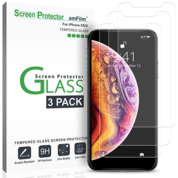 iPhone XS/X Screen Protector, amFilm Tempered Glass Screen Protector with Easy Installation Tray for Apple iPhone XS/X (3 Pack)