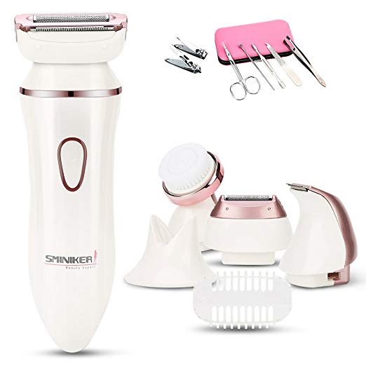 Sminiker Professional Version Electric Razor 4 in 1 Rechargeable Ladies Cordless Electric Shaver with Body Hair Bikini Trimmer Facial Cleansing Wet & Dry Use Shaver for Womens (White)