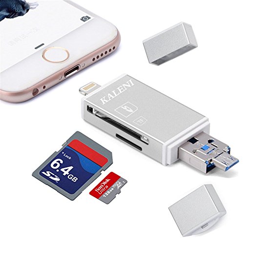 KALENI SD/TF Card Reader Adapter,Memory Card Camera Reader, External Storage Memory Expansion for iPhone/iPad/Android phones/Mac/PC. With Lightning & Micro USB Connector, 3 in 1