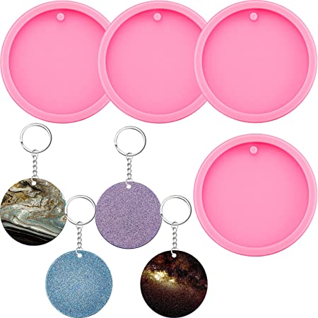 4 Pieces Round Silicone Keychain Mold Resin Silicone Circle Keychain Pendant Clay Mold with 4 Pieces Key Rings for DIY Keychain Decoration or Homemade Chocolate Dessert (7.8 cm Diameter)