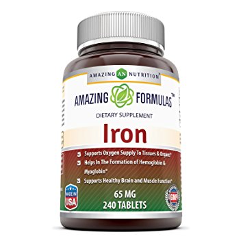 Amazing Formulas Iron 65 Mg 240 Tablets –Iron As Ferrous Sulfate For Better Absorption- Assists In Supplying Oxygen To Tissues And Organs