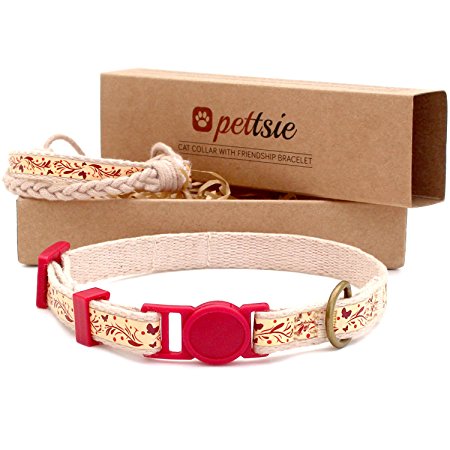 Pettsie Cat Collar Breakaway Safety and Friendship Bracelet for You, Durable 100% Cotton for Extra Safety, D-Ring for Accessories, Comfortable and Soft Cotton, Easy Adjustable Size 7.5-11.5 Inch