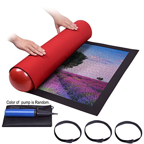 Puzzle Mat Roll up (1500pieces)Jigsaw Puzzle Pad Puzzle Storage Mat Puzzles Saver Felt Mat, SBR Waterproof Materials and Easier Roll Up,Come with Free Hand Pump&Non Woven Bag-Red Color