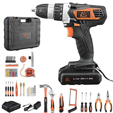 Cordless Drill, 20V Cordless Drill Driver 2x1.5Ah Batteries, Fast Charger 1.3A, 57Pcs Accessories, 18 1 Torque Setting, 2-Variable Speed Max Torque 250 In-lbs, 3/8" Keyless Chuck