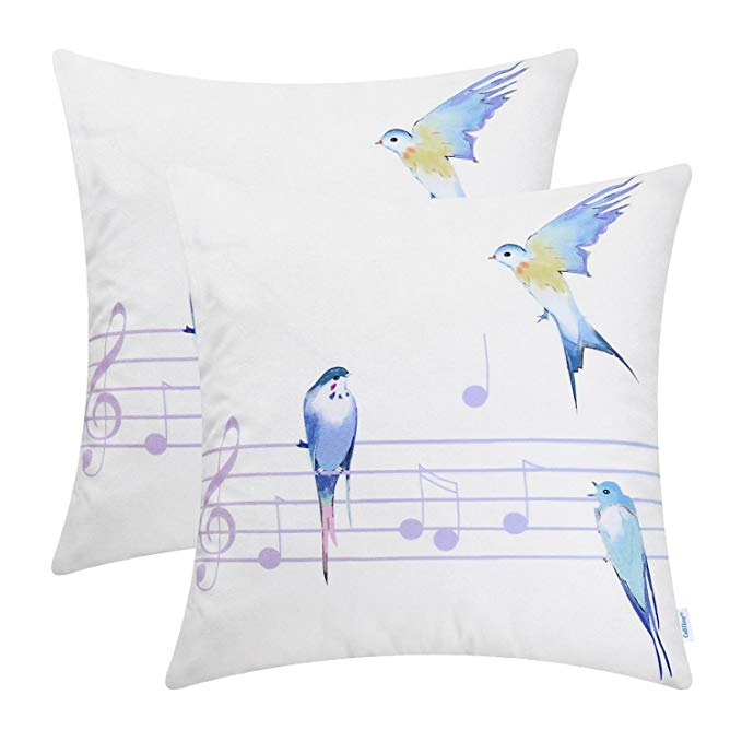 CaliTime Pack of 2 Cozy Fleece Throw Pillow Cases Covers Couch Bed Sofa Watercolored Birds in Music Wire 18 X 18 inches Multi Colors