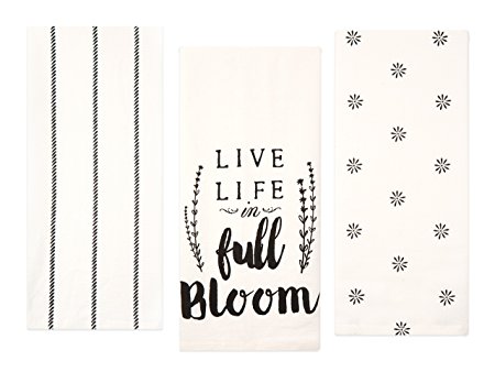 Sticky Toffee Cotton Flour Sack Kitchen Towels, Live Life Stripe and Flower Prints, 3 Pack, 28 in x 29 in